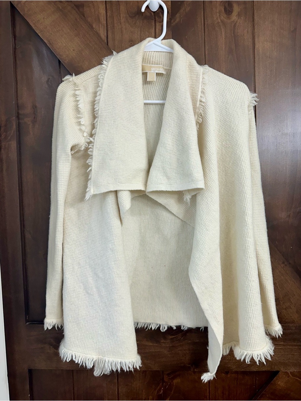 Michael Kors Cream Fringe Open-Front Sweater